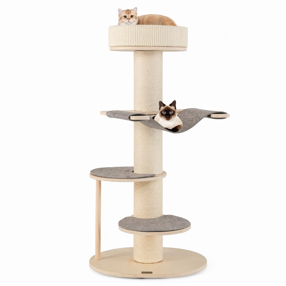 Rascador de madera de 120 cm – árbol para gatos con hamaca, 3 plataformas y postes de sisal
