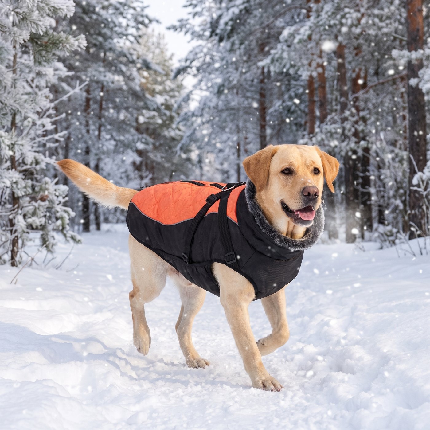 Labrador in a waterproof dog jacket in a snowy forest