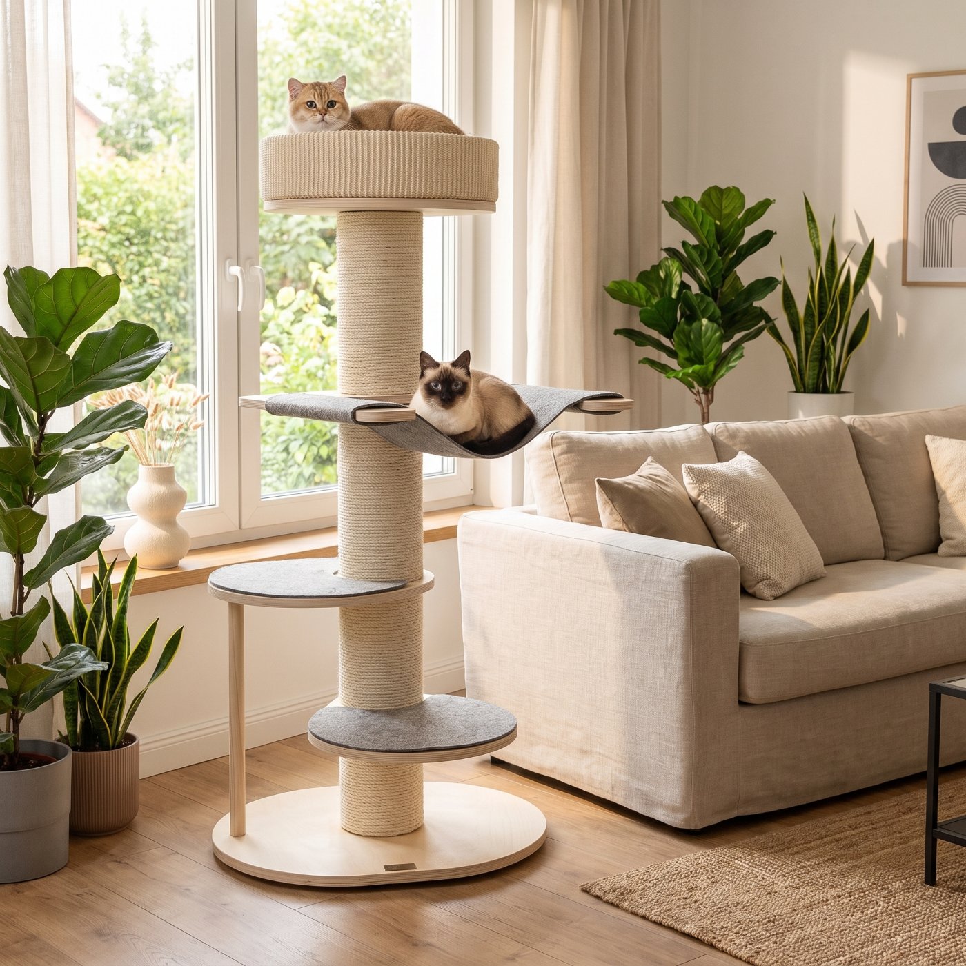Cats on a wooden cat tree in the living room