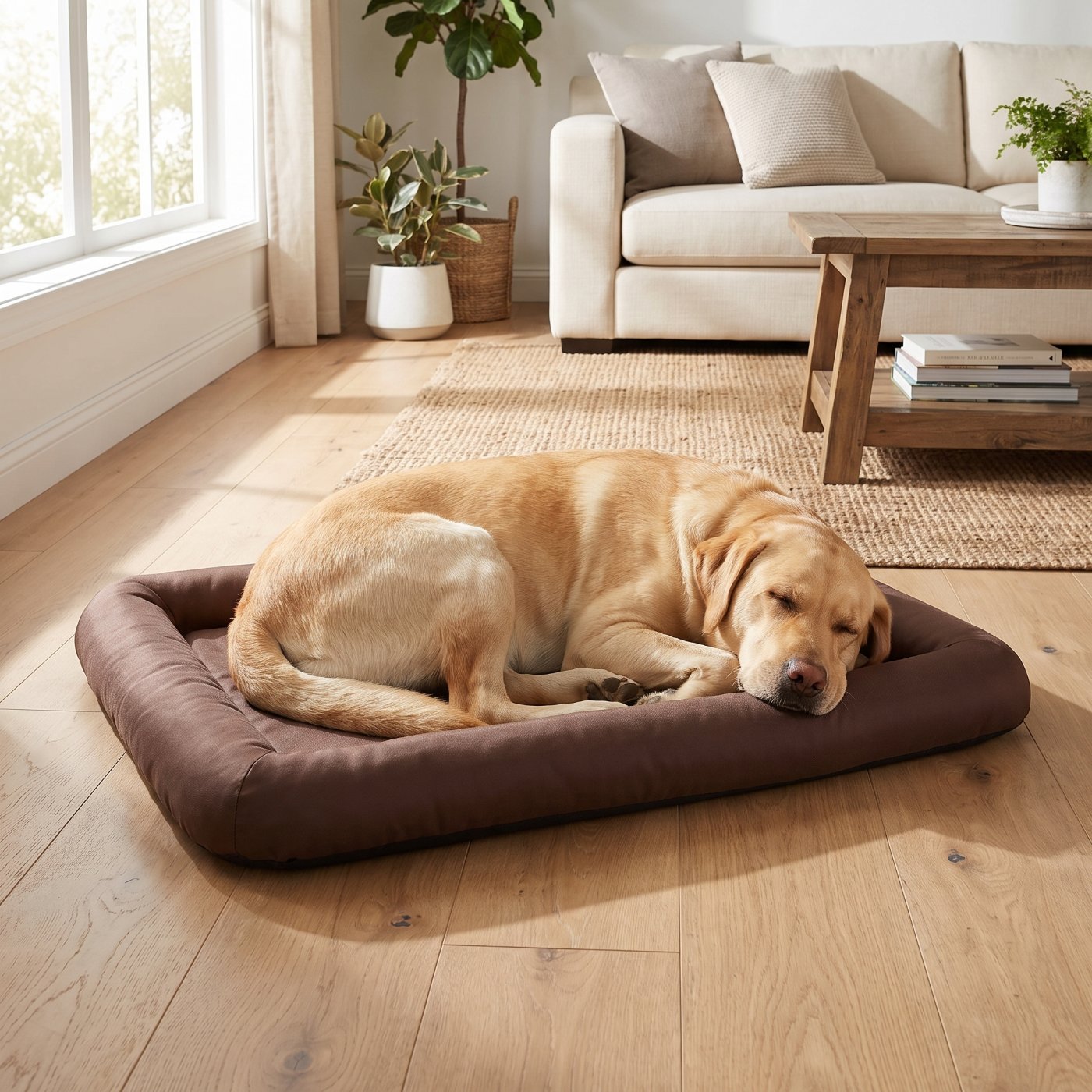 Labrador sleeping on a dog bed in the living room